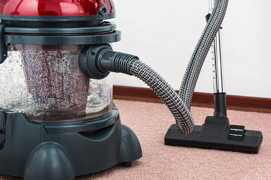 Close-up image of a black vacuum cleaner head with a handle, actively cleaning a patterned, cream-colored carpet in a room. The carpet features intricate floral designs in pastel green, orange, and beige tones. In the background, the lower legs and white shoes of a person are visible, indicating a domestic setting. Bright, natural lighting illuminates the scene, highlighting the cleanliness and condition of the carpet. The image underscores surface cleaning processes carried out by Carpet Cleaning Haringey, demonstrating professional deep cleaning for maintaining hygiene and surface appearance.