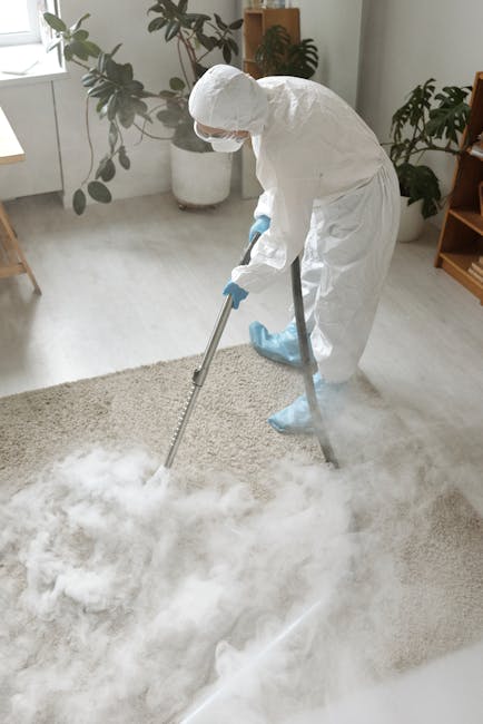 A person dressed in white protective clothing, including a hood, mask, gloves, and shoe covers, is performing surface cleaning on a light beige, plush carpet in a bright, naturally lit living room. Th